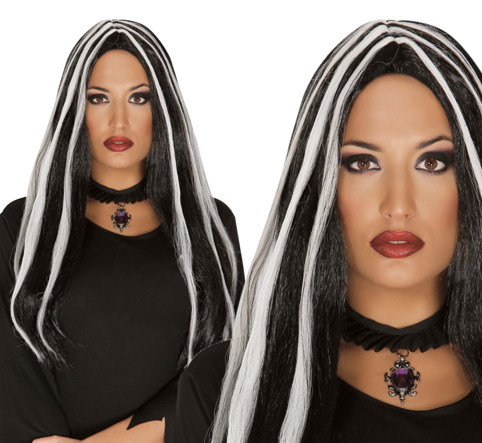 LONG BLACK WIG WITH WHITE STREAK