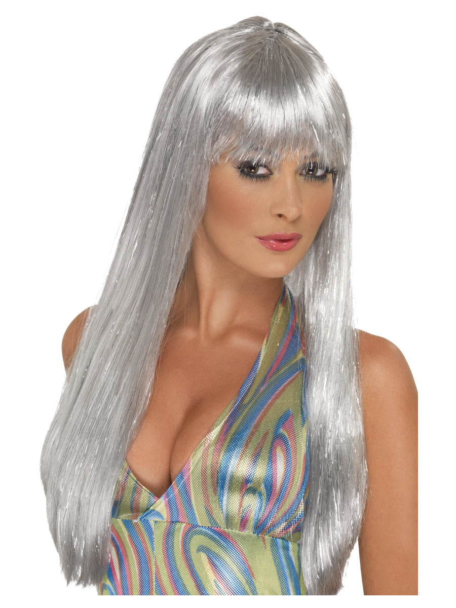 Glitter Disco Wig, Silver - 1