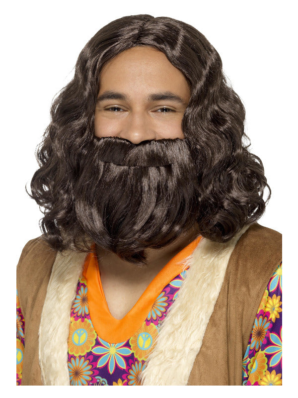 Hippie/Jesus Wig & Beard Set, Brown - 2