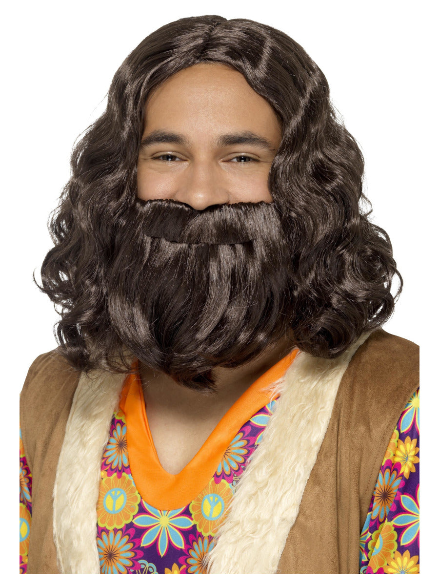 Hippie/Jesus Wig & Beard Set, Brown - 1