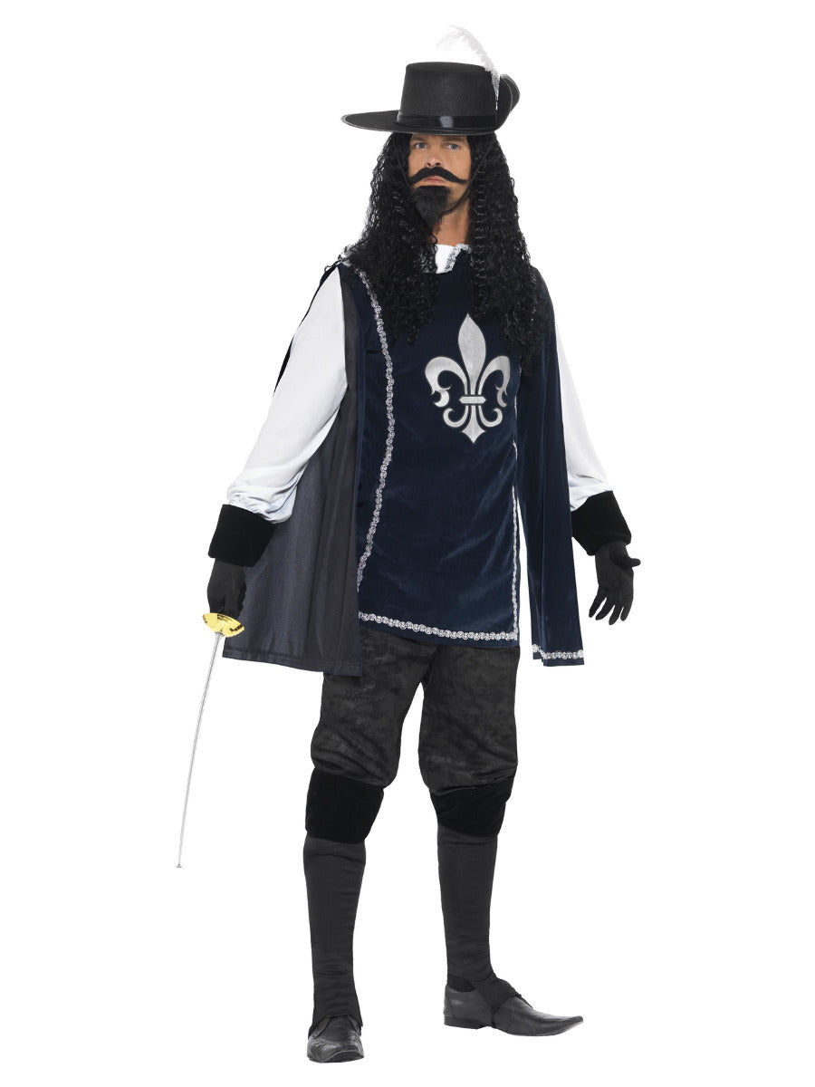 Musketeer Male Costume, with Top, Hat, Navy - 1