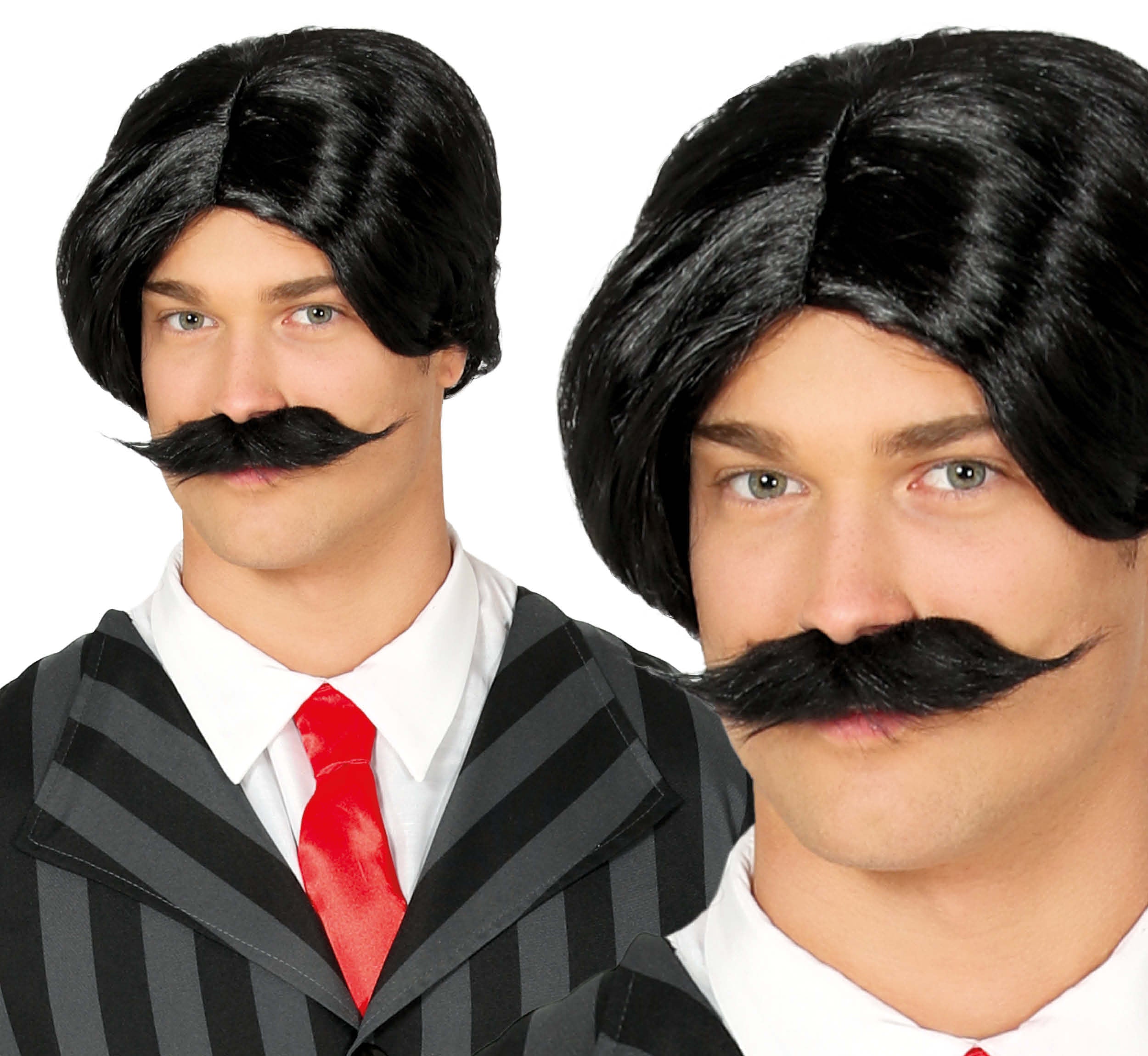 BLACK WIG WITH MOUSTACHE IN BOX