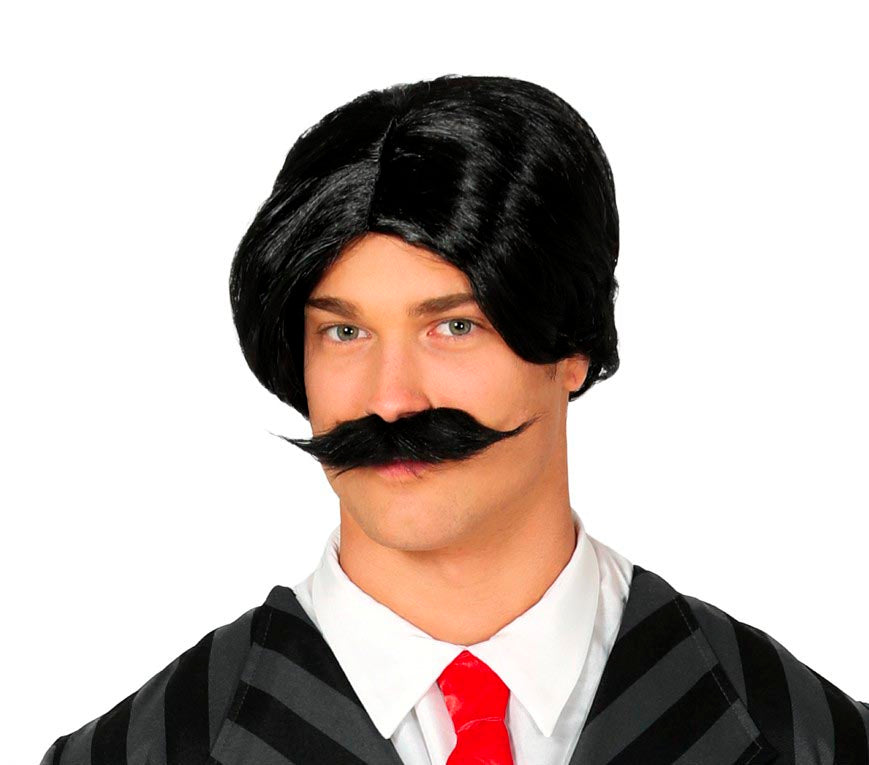 BLACK WIG WITH MOUSTACHE IN BOX