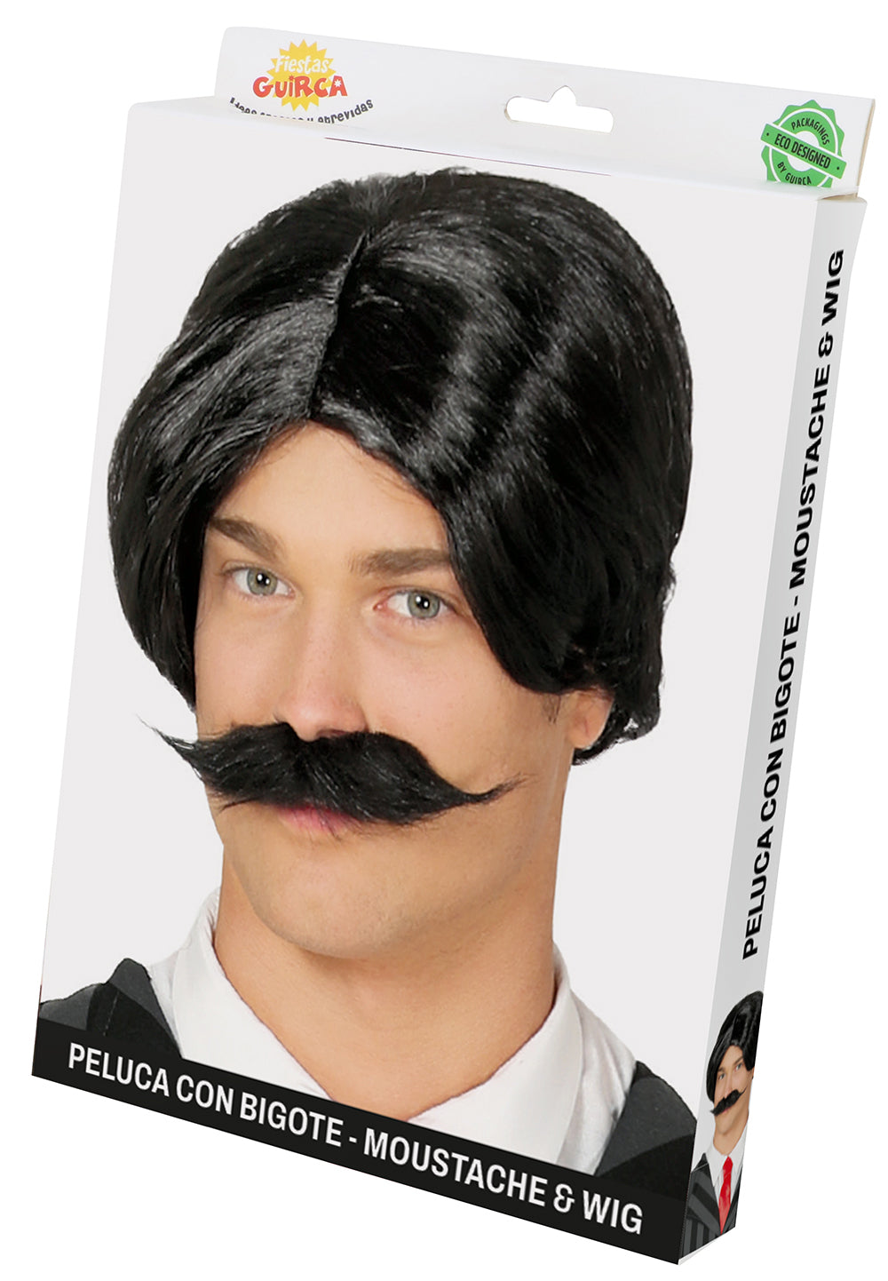 BLACK WIG WITH MOUSTACHE IN BOX