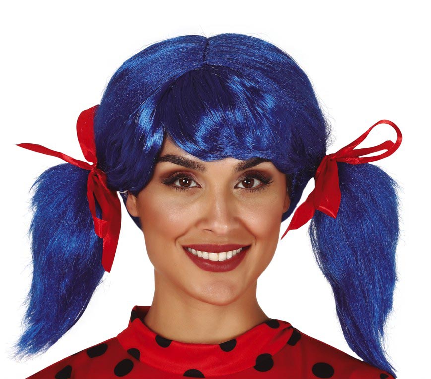 BLUE WIG WITH PONYTAIL AND RIBBON IN BOX