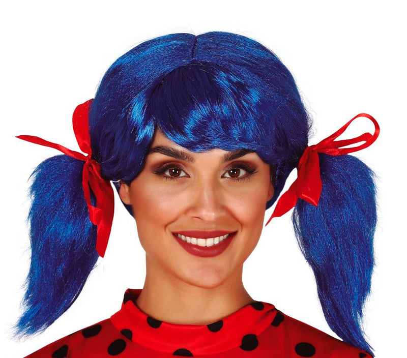 BLUE WIG WITH PONYTAIL AND RIBBON IN BOX