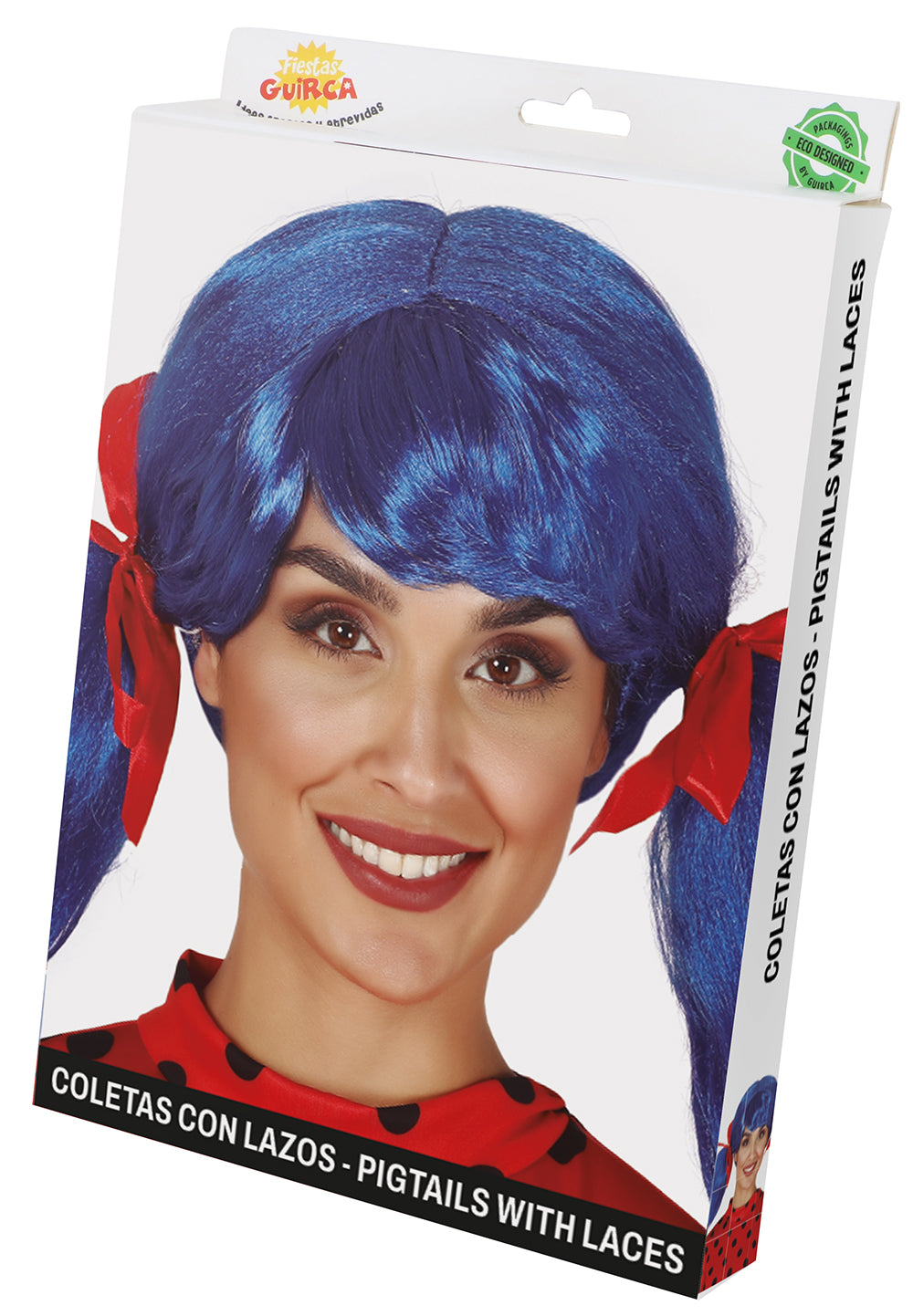 BLUE WIG WITH PONYTAIL AND RIBBON IN BOX