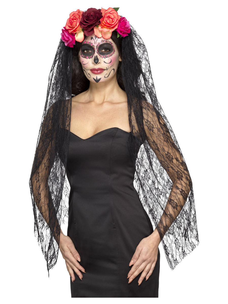 Deluxe Day of the Dead Headband, Red & Black - 1