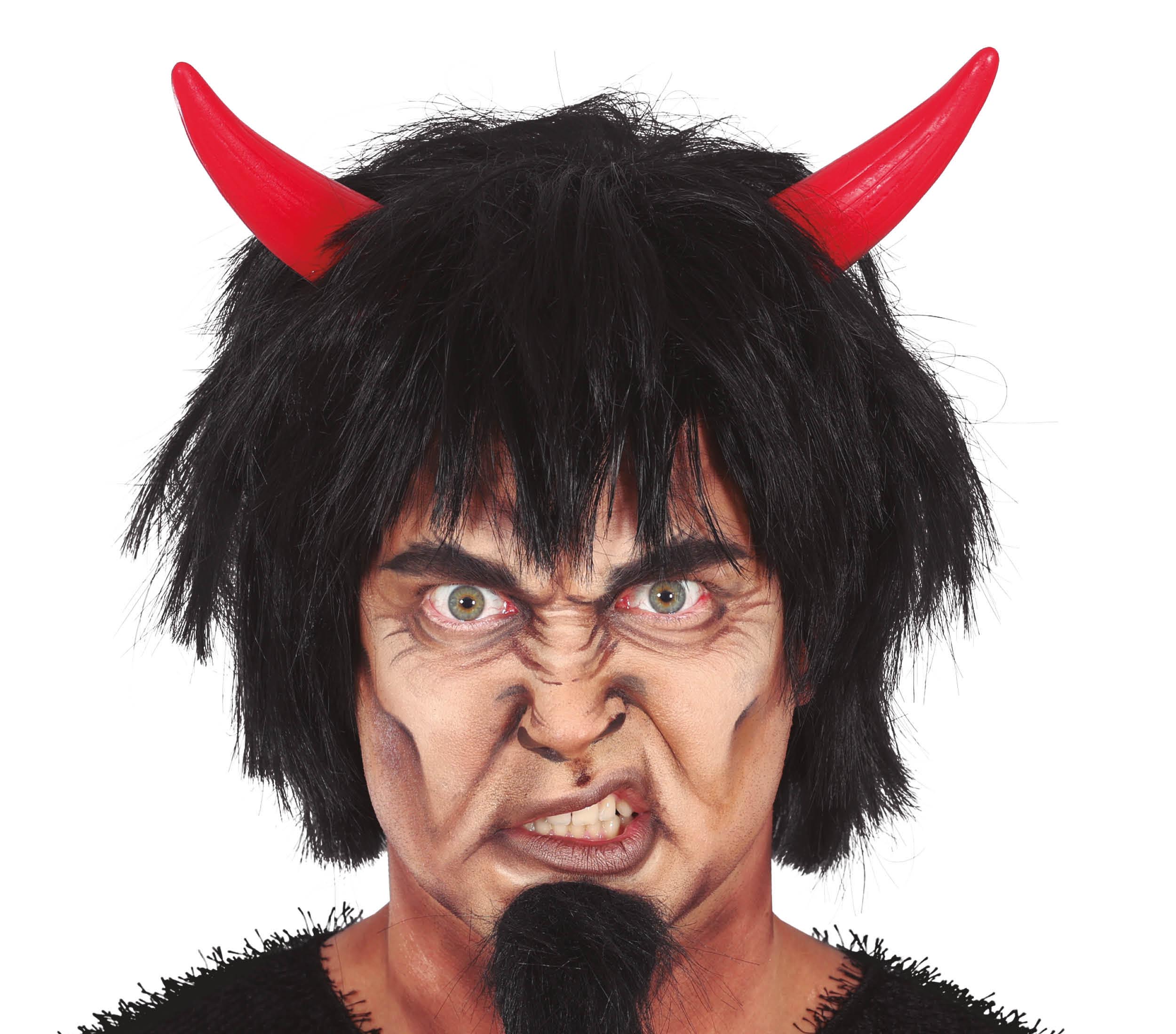 DEVIL BLACK WIG WITH RED HORNS, IN BOX