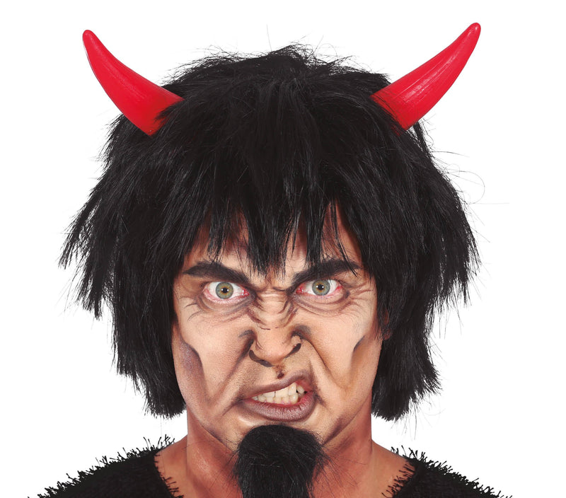 DEVIL BLACK WIG WITH RED HORNS, IN BOX