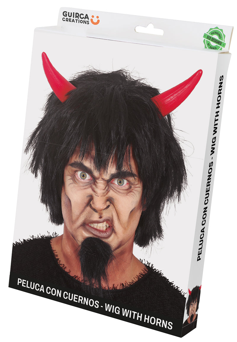 DEVIL BLACK WIG WITH RED HORNS, IN BOX