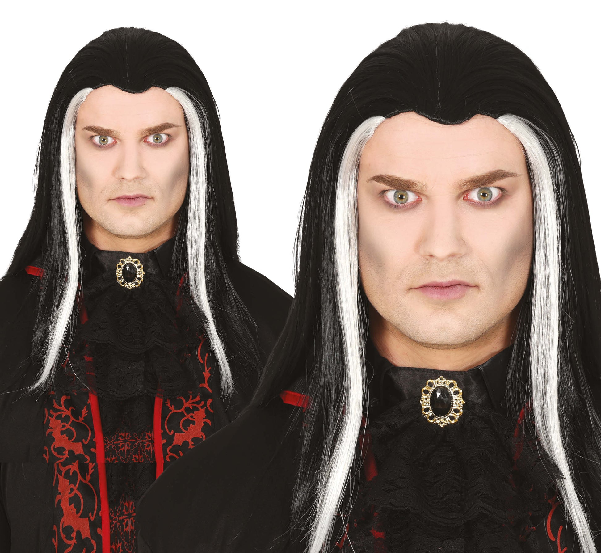 LONG BLACK VAMPIRE WIG WITH WHITE STREAKS, IN BOX