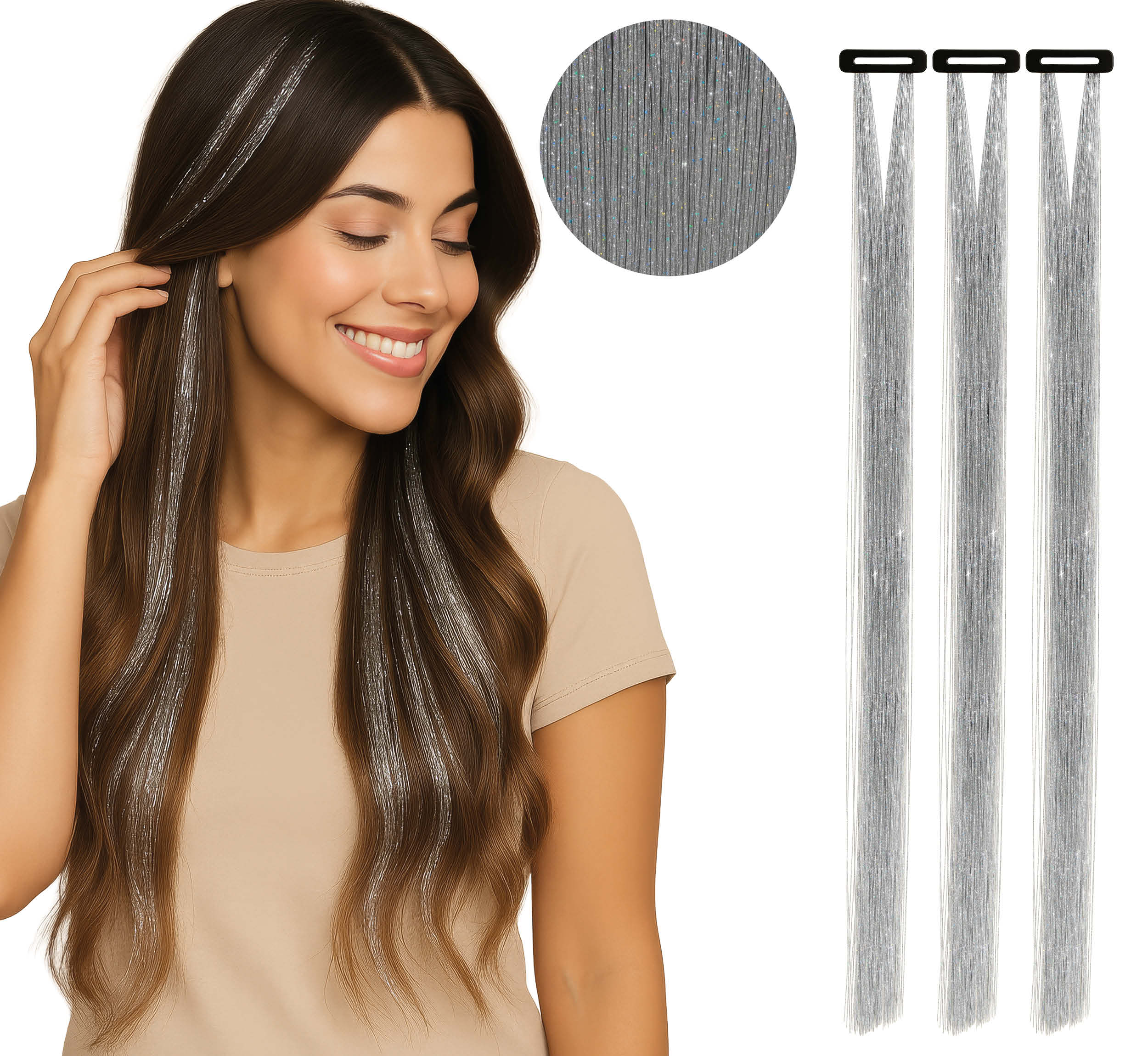 3 TINSEL HAIR EXTENSIONS 50 CM