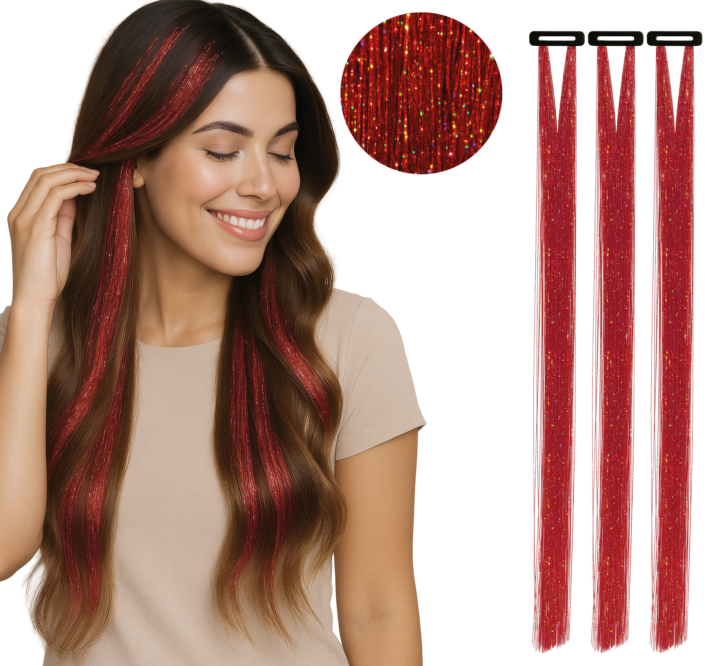 3 TINSEL HAIR EXTENSIONS 50 CM