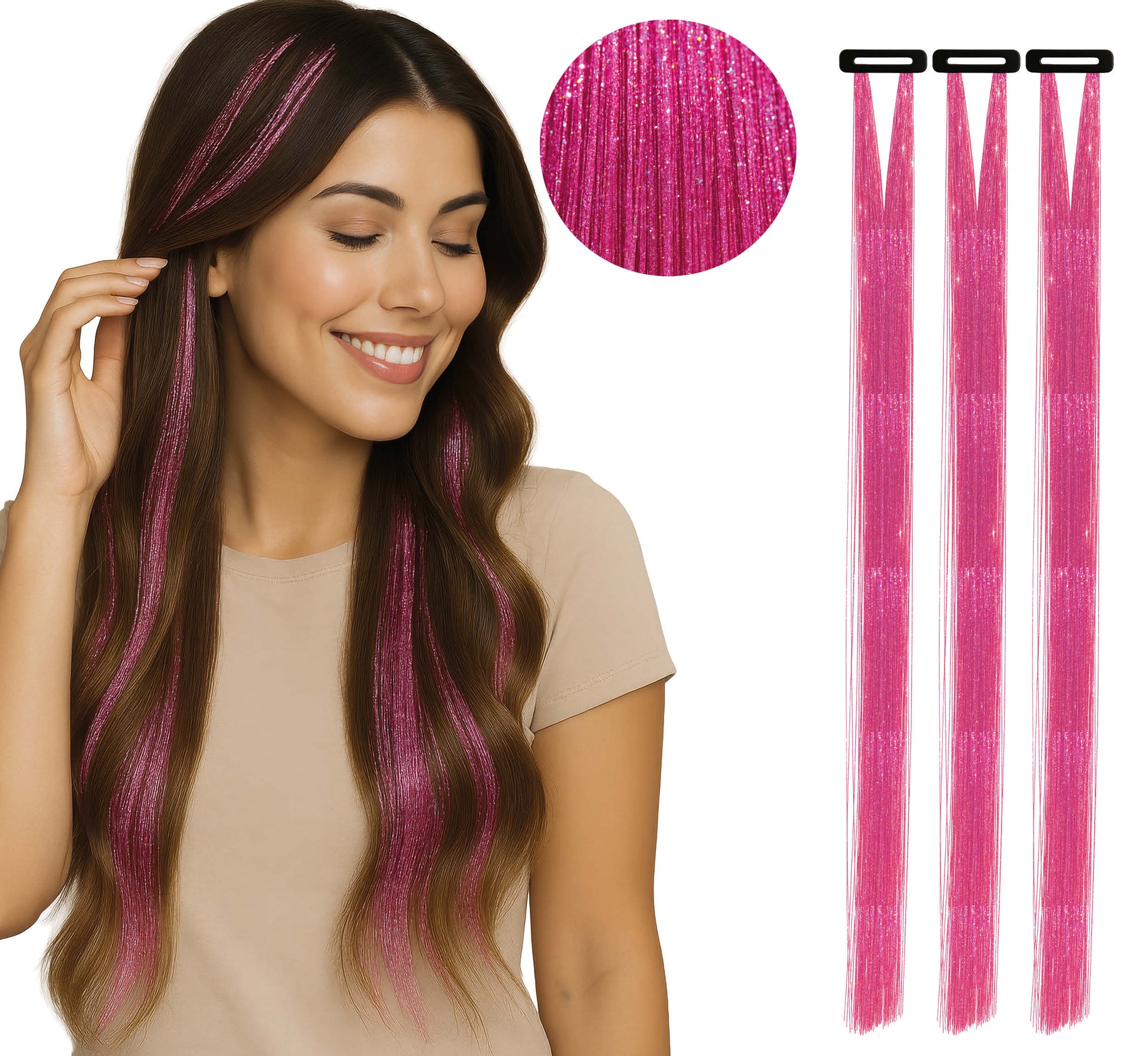 3 TINSEL HAIR EXTENSIONS 50 CM PINK