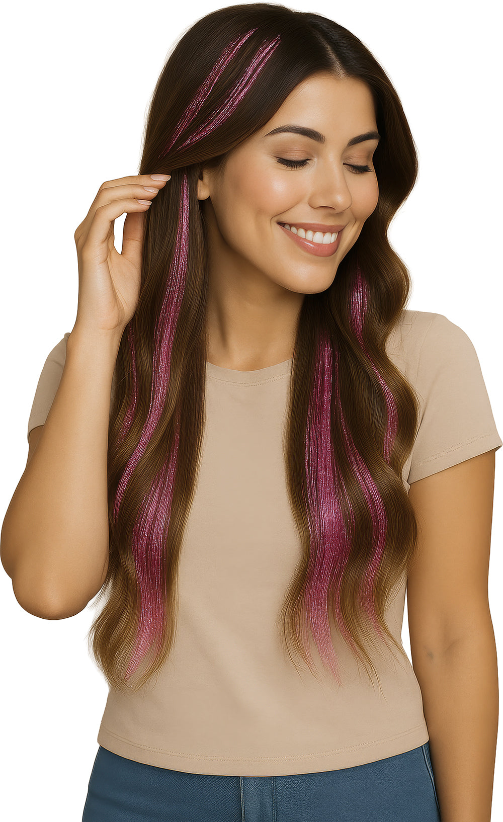 3 TINSEL HAIR EXTENSIONS 50 CM PINK