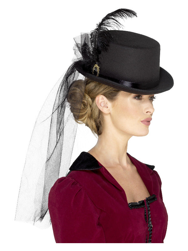 Deluxe Ladies Victorian Top Hat, with Elastic, Bla - 2