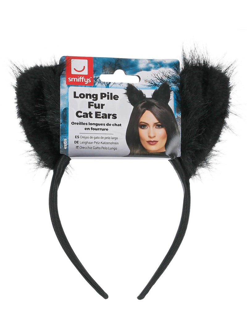 Long Pile Fur Cat Ears, Black - 3