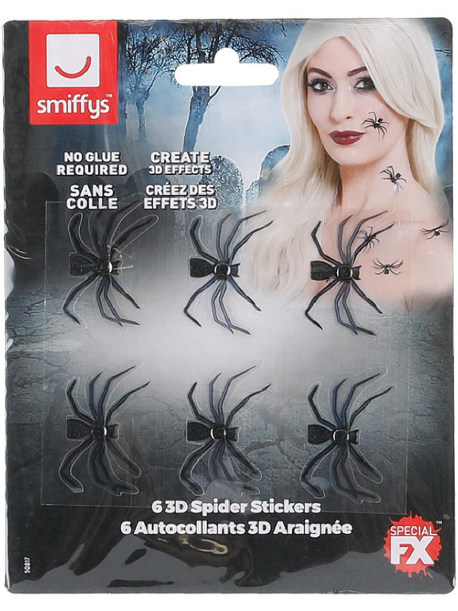 Smiffys Make-Up FX, 3D Spider Stickers, Black - 3