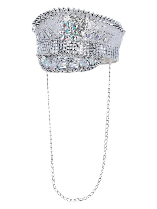 Fever Deluxe Sequin Studded Captains Hat, Silver - 2