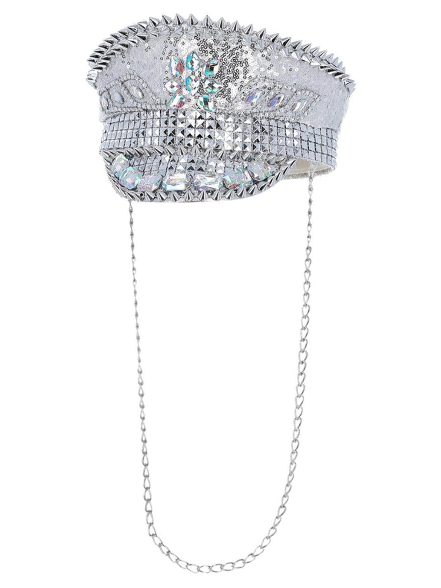 Fever Deluxe Sequin Studded Captains Hat, Silver - 1