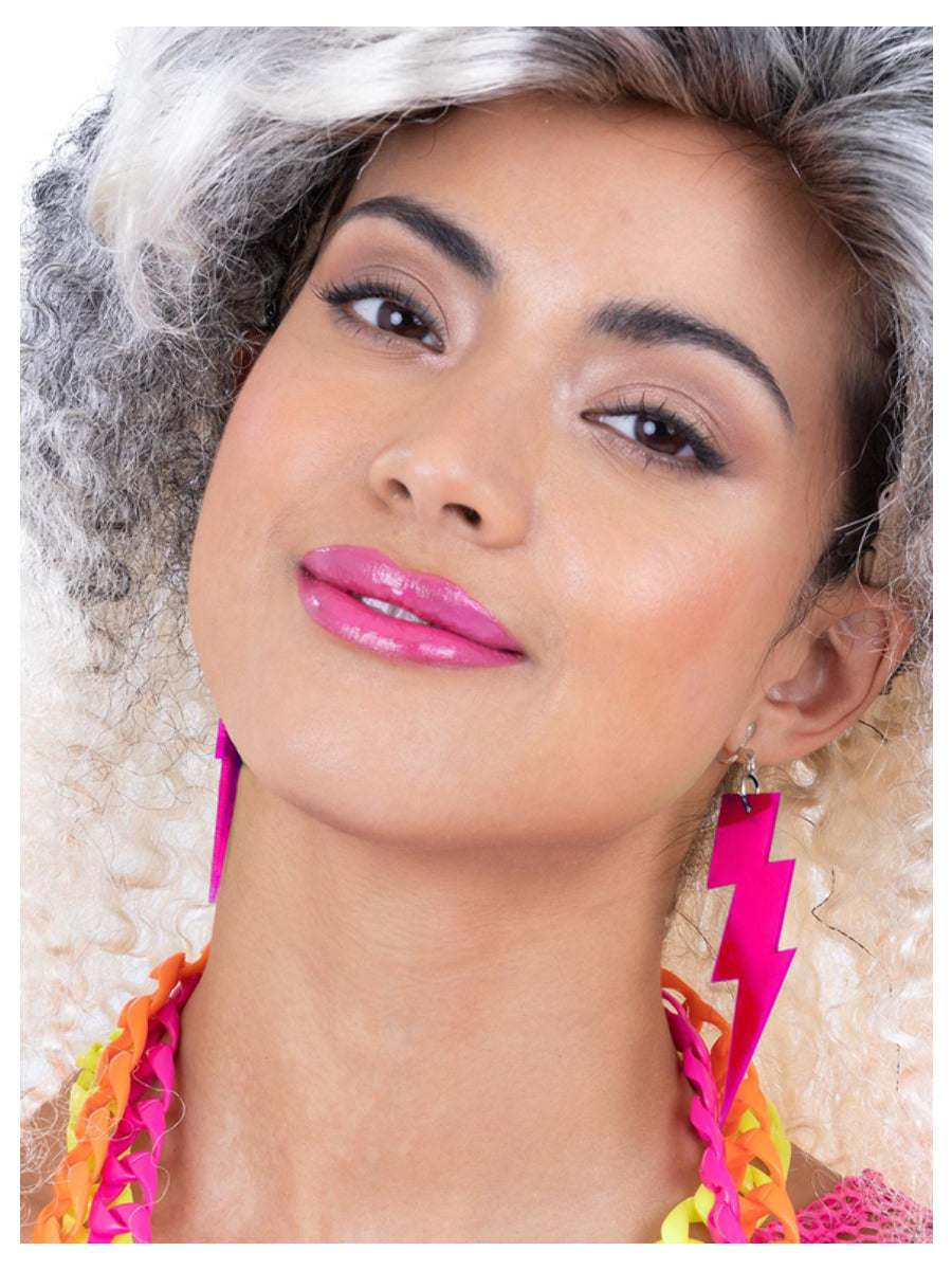 80s Neon Lightning Bolt Earrings, Pink - 1
