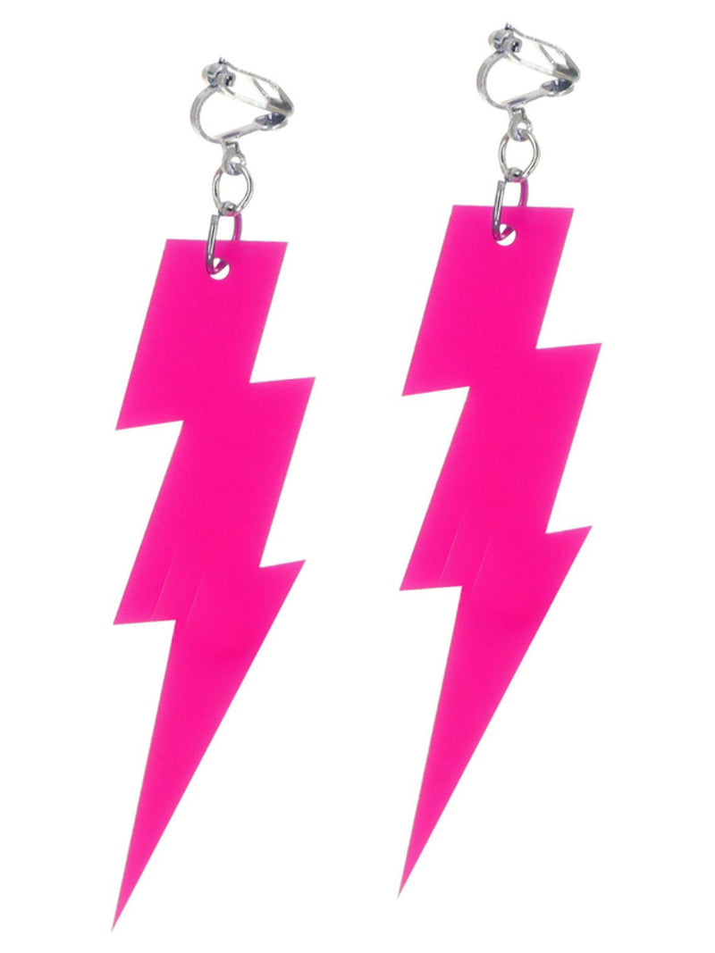 80s Neon Lightning Bolt Earrings, Pink - 3