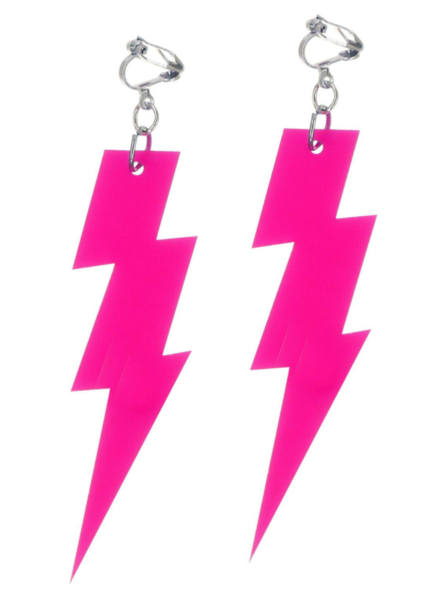 80s Neon Lightning Bolt Earrings, Pink - 3