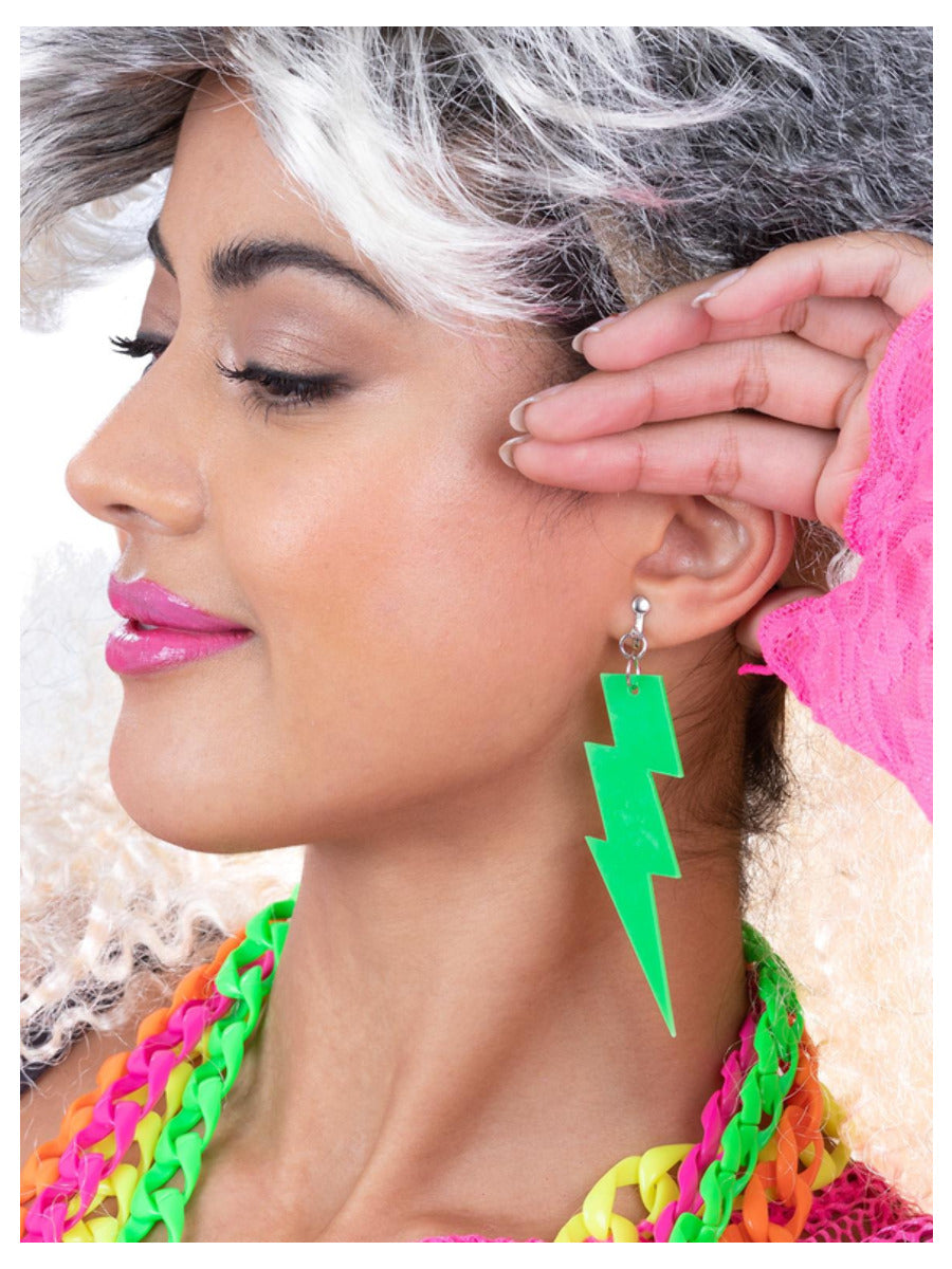 80s Neon Lightning Bolt Earrings, Green - 1