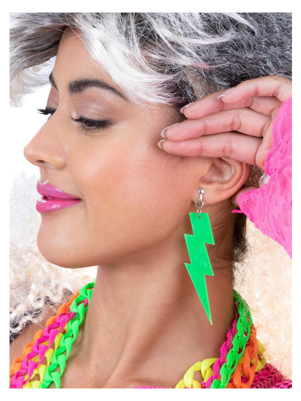 80s Neon Lightning Bolt Earrings, Green - 2