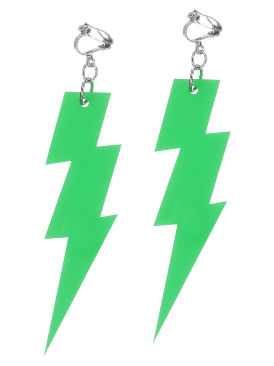80s Neon Lightning Bolt Earrings, Green - 3