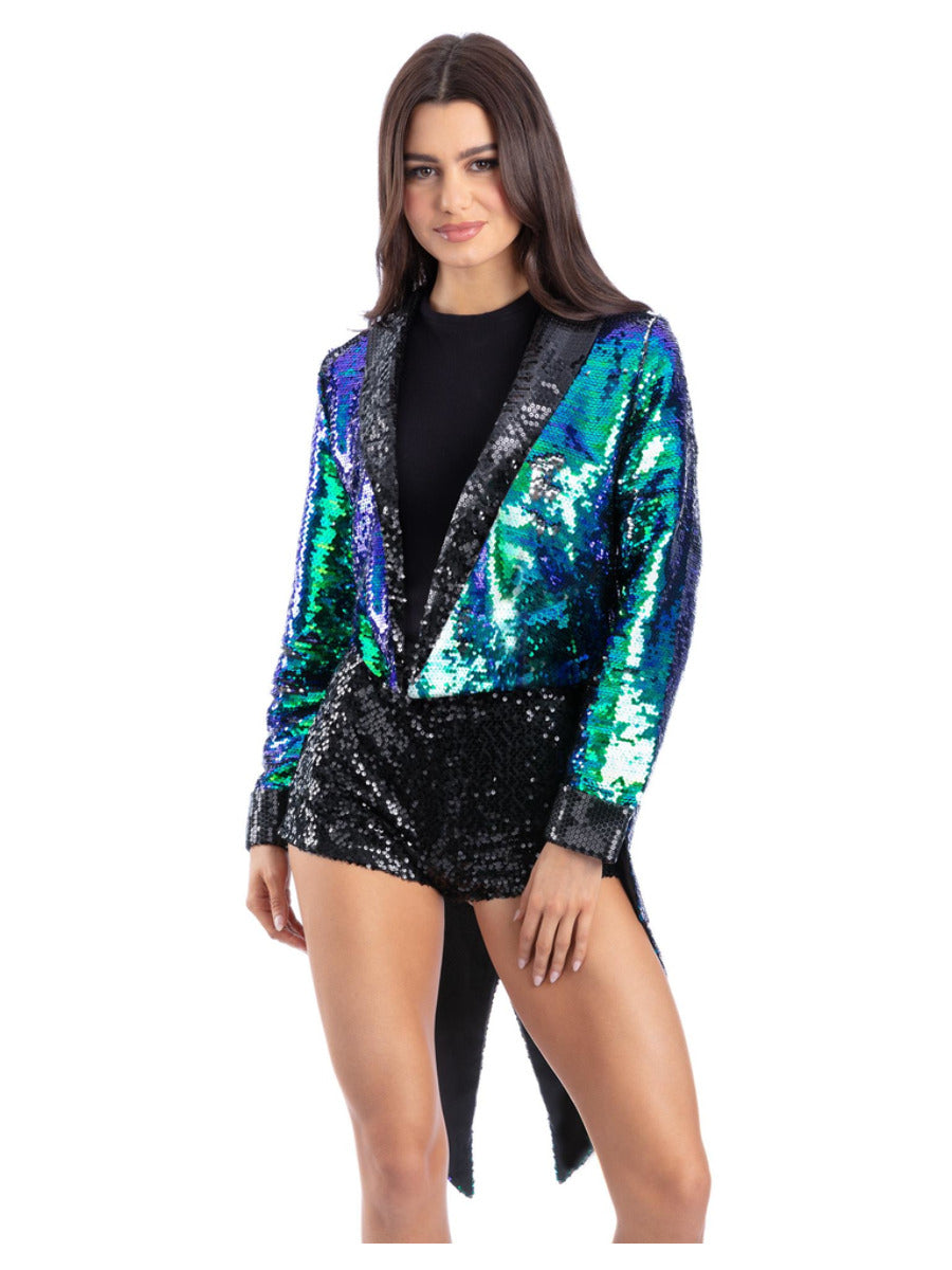 Unisex Sequin Tailcoat Jacket, Blue & Green  - 1