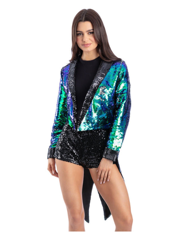 Unisex Sequin Tailcoat Jacket, Blue & Green  - 2