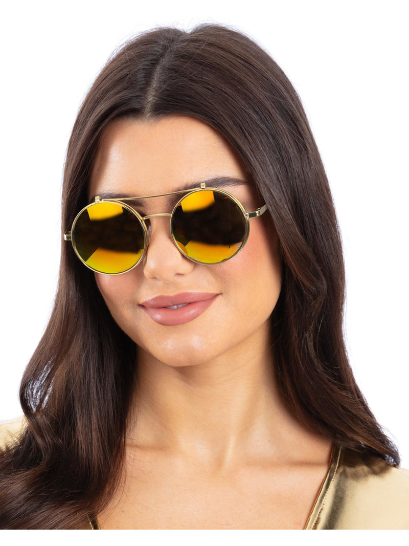 Metallic Gold Flip Up Mirrored Round Specs - 1