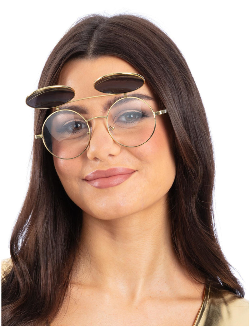 Metallic Gold Flip Up Mirrored Round Specs - 3