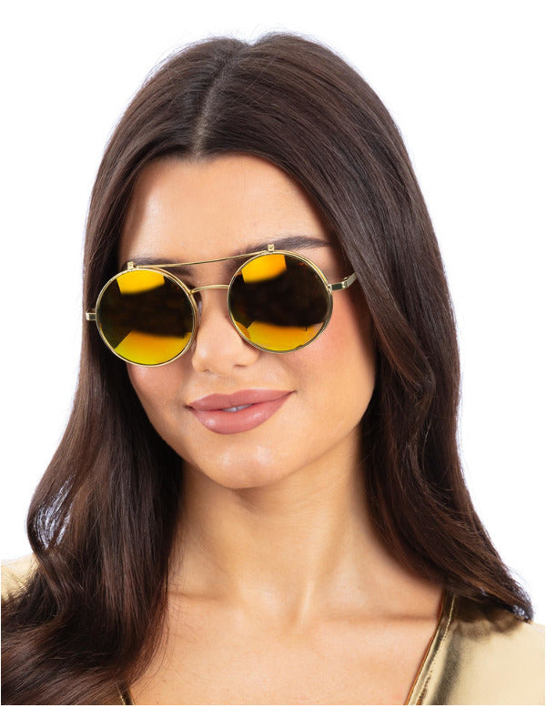 Metallic Gold Flip Up Mirrored Round Specs - 2