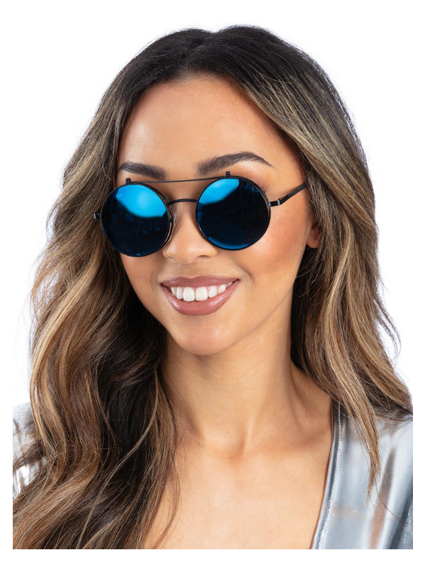 Metallic Blue Flip Up Mirrored Round Specs - 2