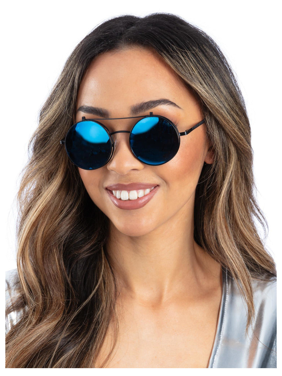 Metallic Blue Flip Up Mirrored Round Specs - 1