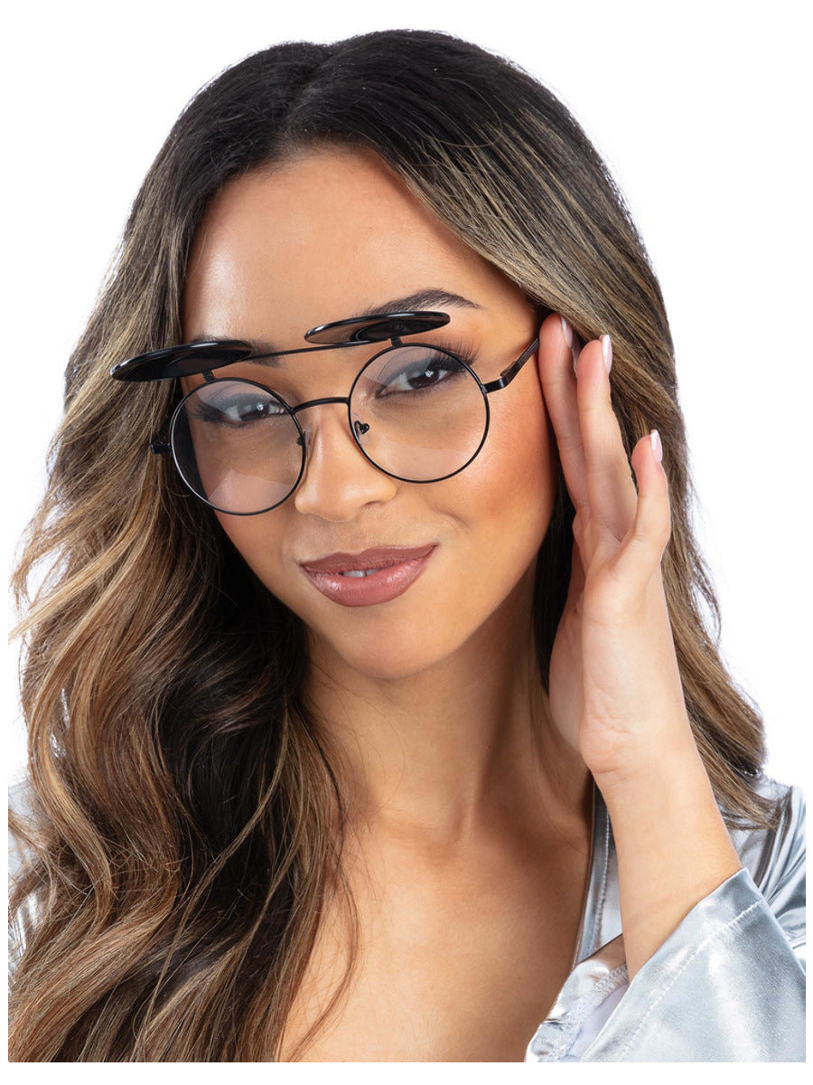 Metallic Blue Flip Up Mirrored Round Specs - 3