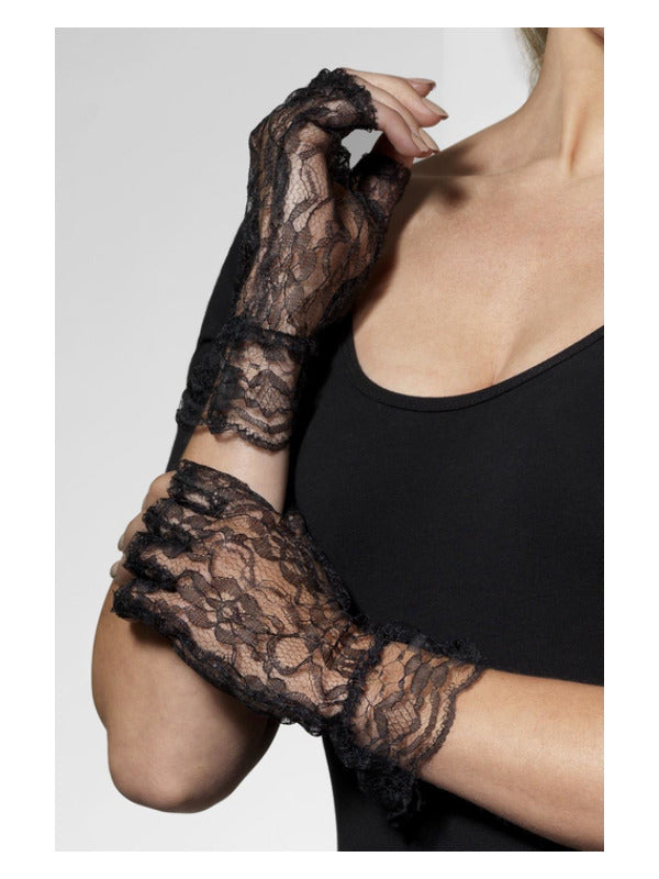 Fingerless Lace Gloves, Black - 2