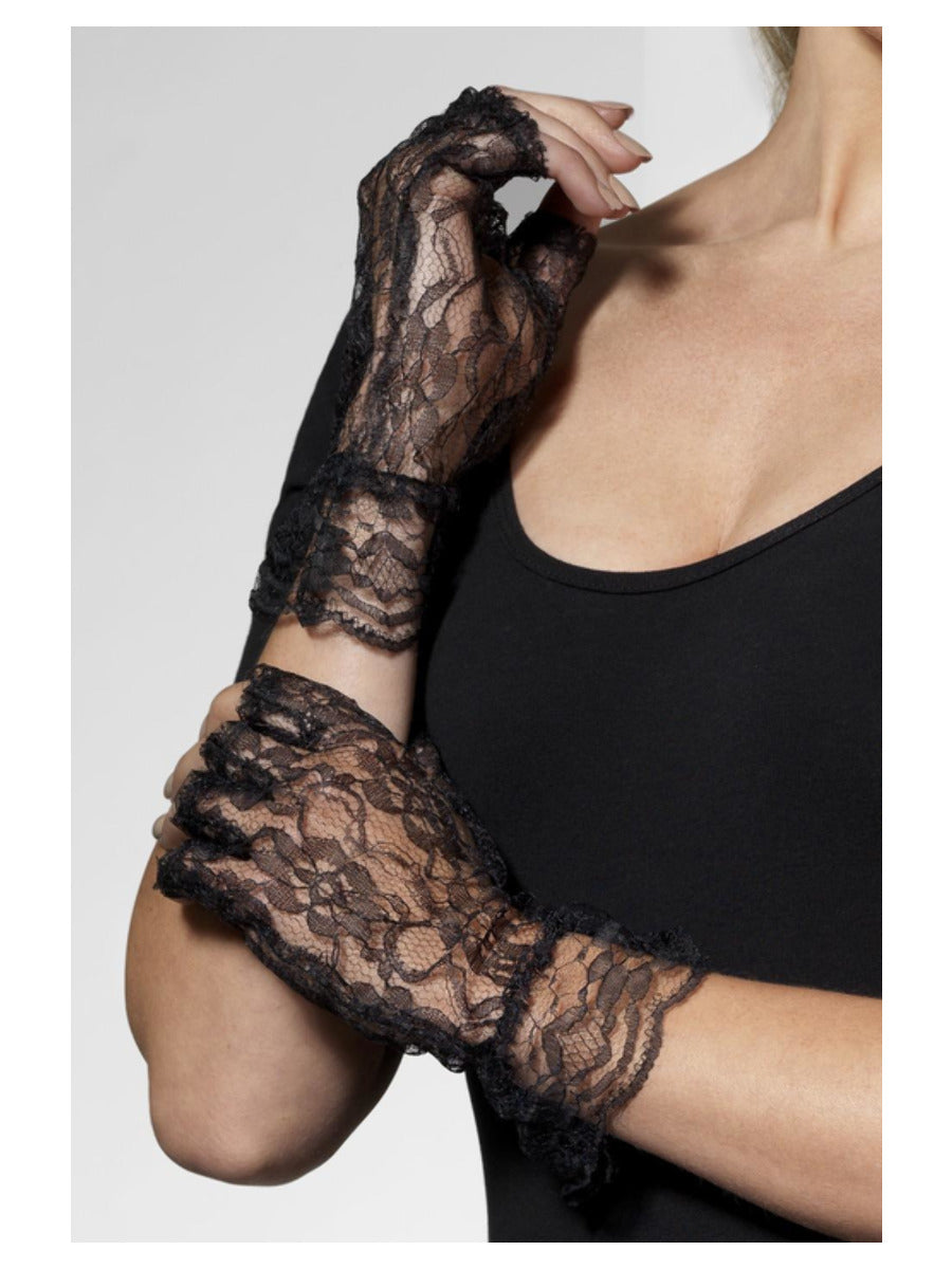 Fingerless Lace Gloves, Black - 1