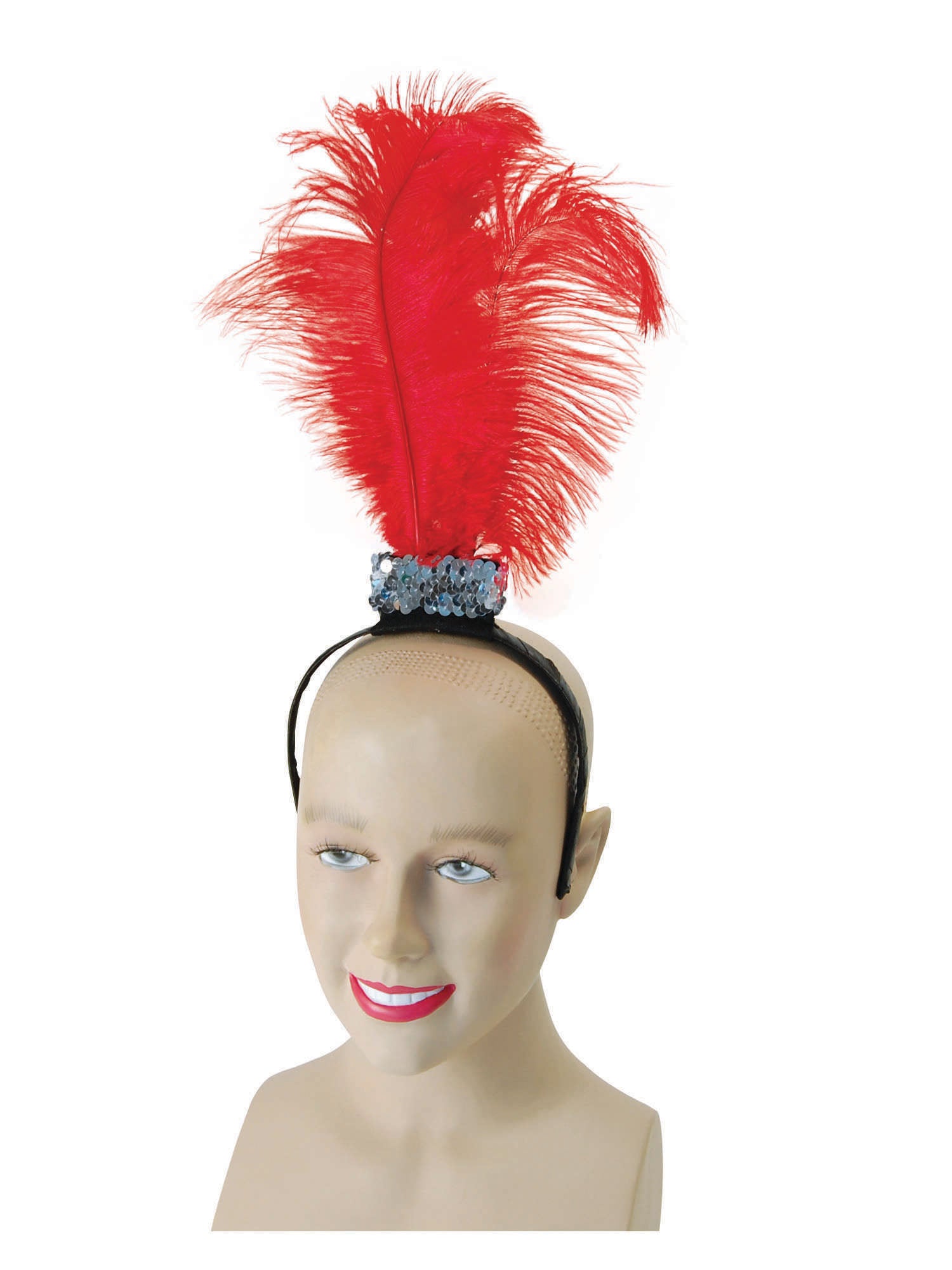 Red Flapper Headband With 3 Feathers