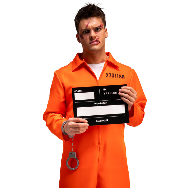 Orange Convict Costume with Handcuffs & I.D. Board-3