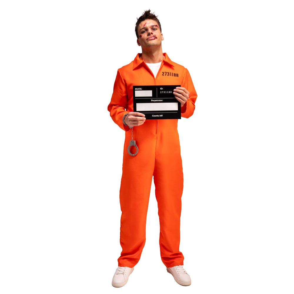 Orange Convict Costume with Handcuffs & I.D. Board-1