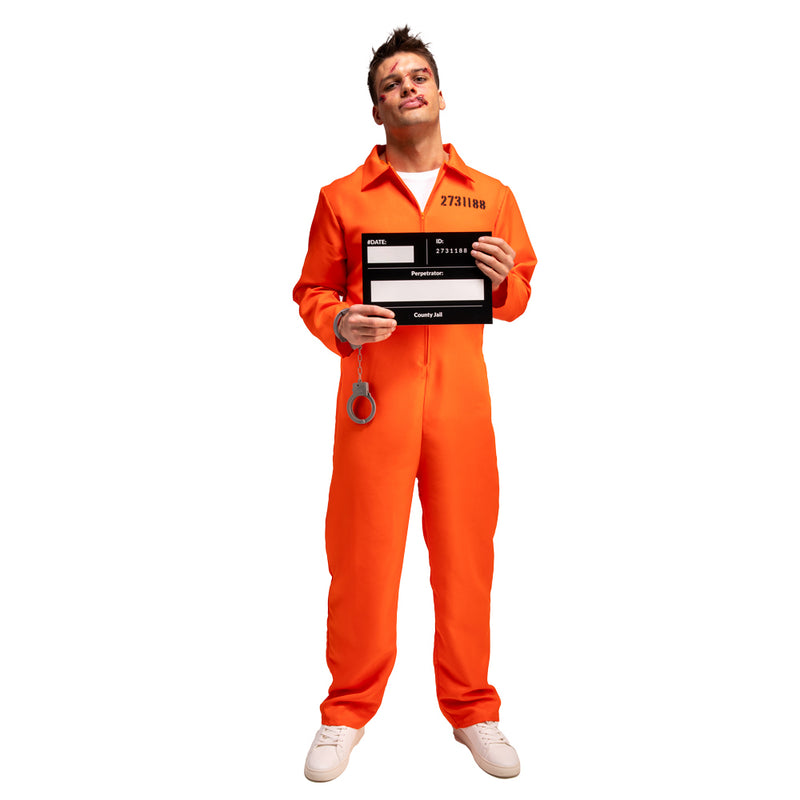 Orange Convict Costume with Handcuffs & I.D. Board-1