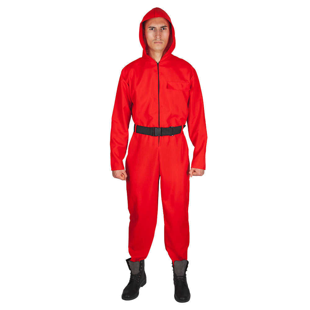 Hooded Jumpsuit with Belt -Red