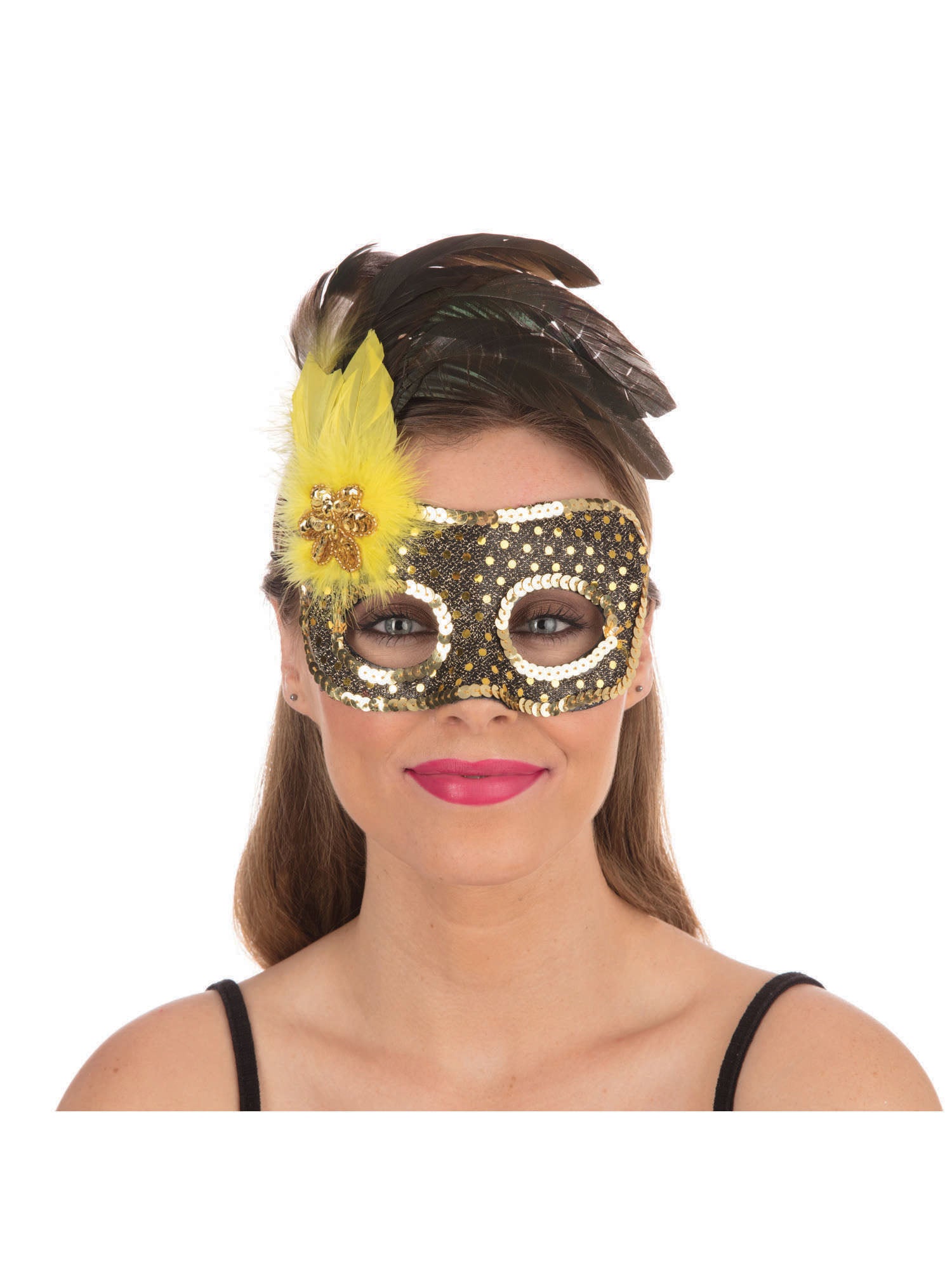Black/Gold Sequin Mask +Yellow Feathr