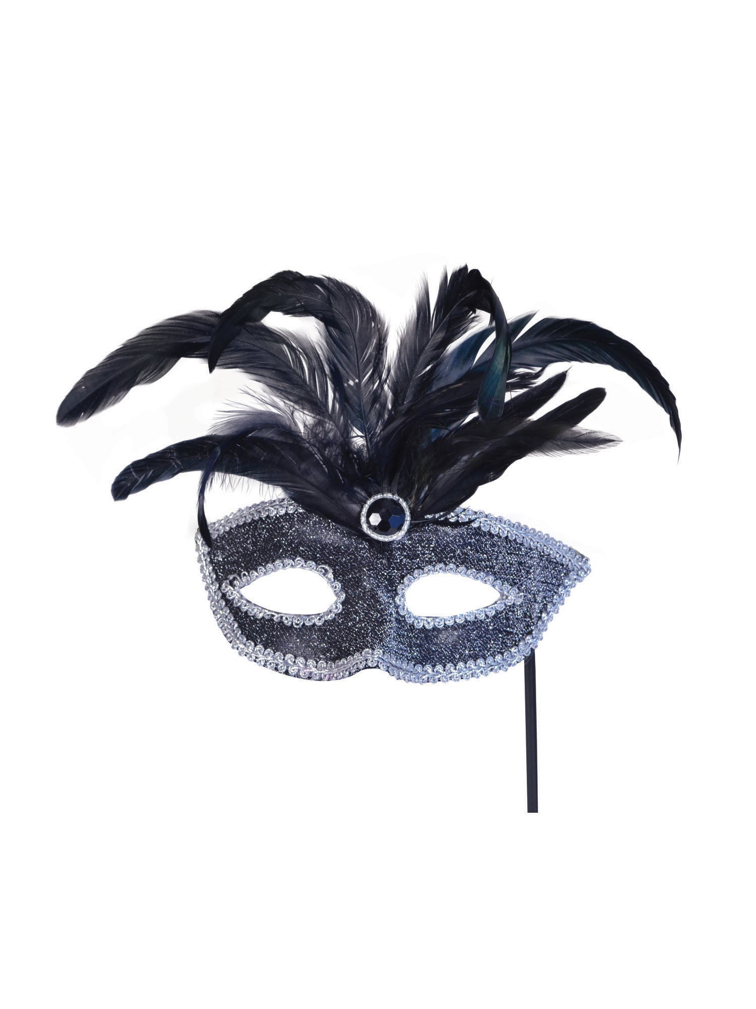Blck Mask/Silvr Trim+Feathers/Stick
