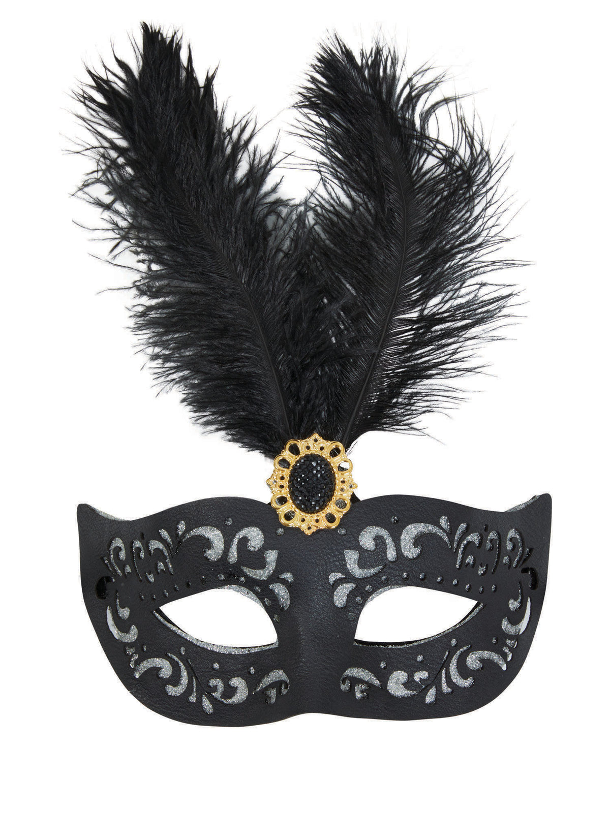 Black Eyemask W/Tall Feather + Stone 1