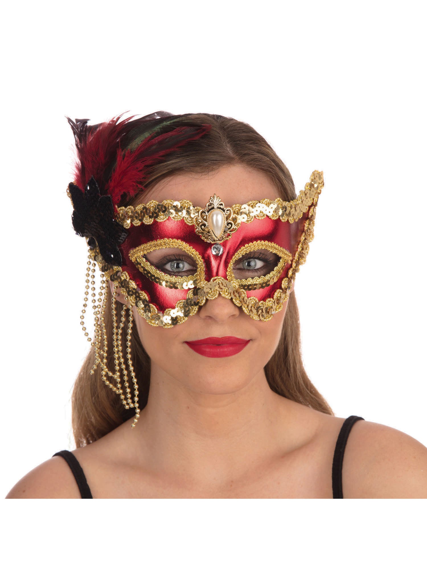 Red Satin Mask + Feathers (H/B)